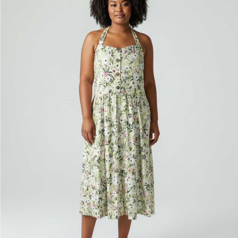 Reitmans Floral Linen Blend Midi Dress XL Cottagecore Milkmaid Garden Party
